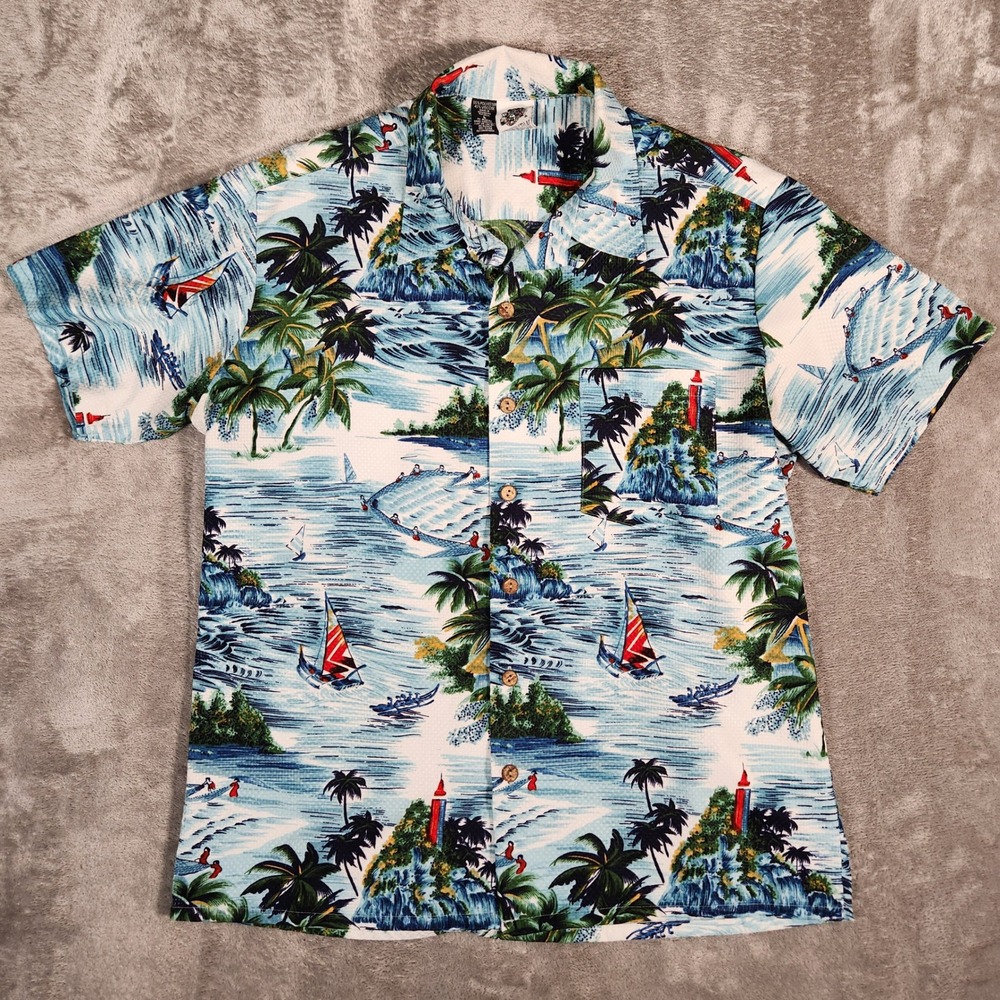 KENNINGTON CALIFORNIA Shirt Men's Large Blue Island Sailboat Short Sleeve